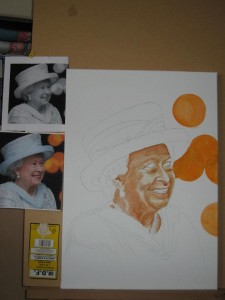 Outline sketch of the Queen on canvas