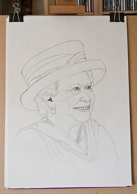 Outline pencil sketch of the Queen